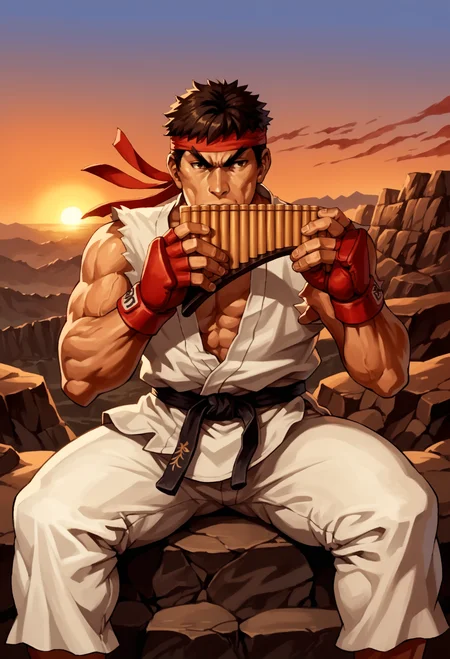 score_9, score_8_up, score_7_up, score_6_up, score_5_up,<lora:Ryu_-_Street_Fighter_-_Super_Smash_Bros._Ultimate:1> , source_anime, ryu, 1boy, solo, headband, chest, muscular
sitting at a rock,high mountains,sunset,wind blowing,serene,
,playing white metal panflute<lora:PanflutePonyV1>