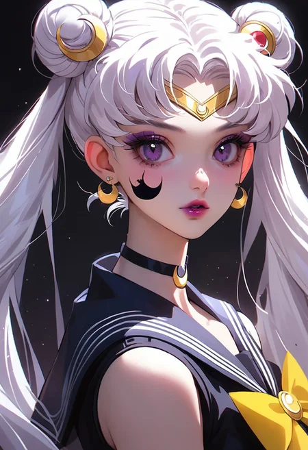 score_9, score_8_up, score_7_up, score_6_up, score_5_up, score_4_up,Alternative Sailor Moon, 1girl, solo, long hair, looking at viewer, bangs, shirt, hair ornament, bow, twintails, jewelry, purple eyes, upper body, white hair, earrings, parted lips, sleeveless, choker, bowtie, sailor collar, hair bun, from side, parted bangs, black shirt, eyelashes, sleeveless shirt, double bun, makeup, facial mark, lipstick, crescent, black background, tassel, yellow bow, eyeshadow, circlet, forehead mark, alternate eye color, alternate hair color, star earrings, dark persona, sailor senshi uniform, purple lips, crescent earrings, crescent facial mark, PonyXLV6_Scores, <lora:AltMoonPonyXL:1>