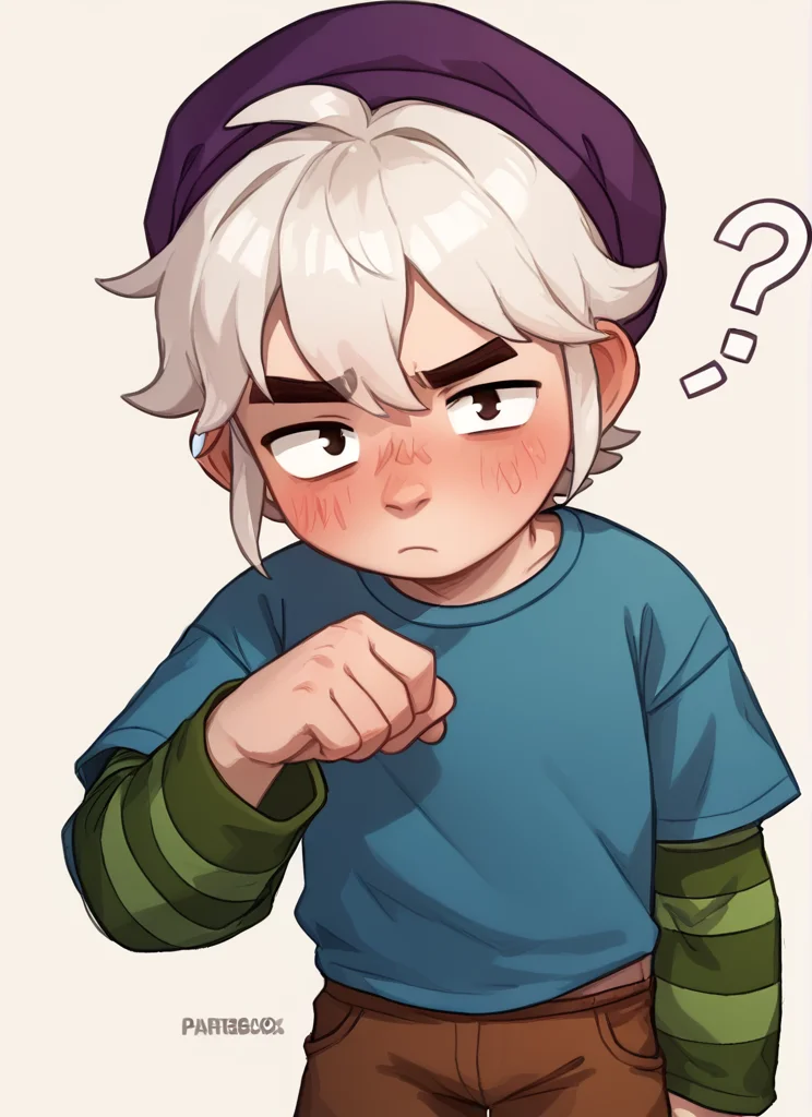 score_9, score_8_up, score_7_up, 1boy, <lora:bs_gus:1> bsgus ,green sleeves , aged down, blue shirt ,brown shorts , white hair ,Striped sleeves ,purple headwear , looking at viewer, <lora:PossumMachine:1>posmach , blush, confused, ??,