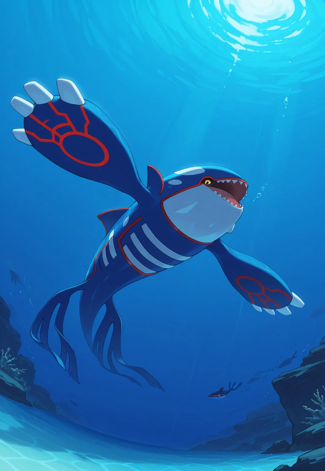 score_9, score_8_up, score_7_up, masterpiece, best quality, very aesthetic, absurdres, amazing quality, high resolution, ultra-detailed, volumetric lighting, newest, scenery, perspective, PKMN_Kyogre, 1other, solo, pokemon focus, yellow eyes, black sclera, red body markings, blue skin, open mouth, sharp teeth, underwater, ocean