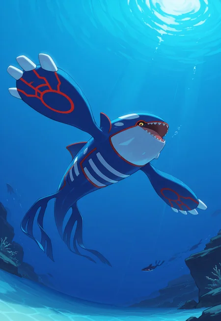 score_9, score_8_up, score_7_up, masterpiece, best quality, very aesthetic, absurdres, amazing quality, high resolution, ultra-detailed, volumetric lighting, newest, scenery, perspective, PKMN_Kyogre, 1other, solo, pokemon focus, yellow eyes, black sclera, red body markings, blue skin, open mouth, sharp teeth, underwater, ocean