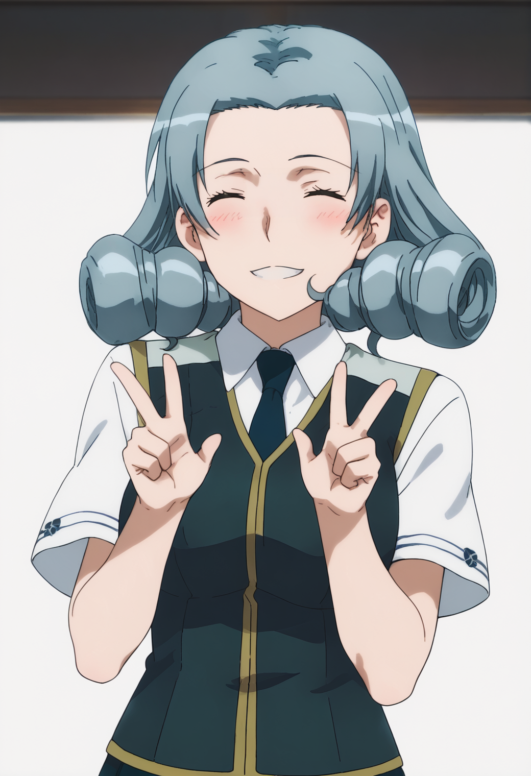 score_9, score_8_up, score_7_up, source_anime, BREAK white background, 1girl, solo,  <lora:DX888Touka:1> hio touka, brown eyes,necktie, school uniform, skirt, closed eyes, v pose, smile, blush,