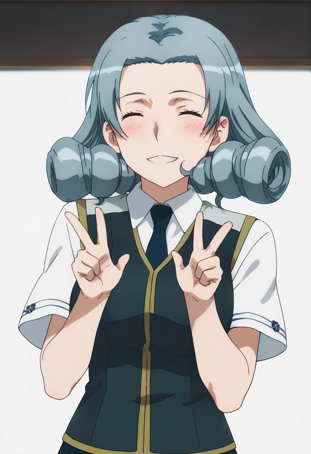 score_9, score_8_up, score_7_up, source_anime, BREAK white background, 1girl, solo, <lora:DX888Touka:1> hio touka, brown eyes,necktie, school uniform, skirt, closed eyes, v pose, smile, blush,