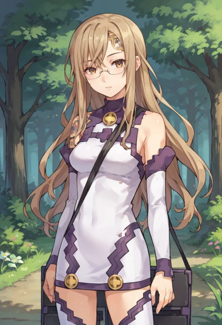 score_9,score_8_up,score_7_up,score_6_up,score_5_up,score_4_up,anime coloring,source_anime,<lora:Ardylia_Summon_Night_3_Pony:0.7>,ardylia,1girl,solo,brown eyes,glasses,long hair,brown hair,forehead ornament,shoulder tattoo,sleeveless dress,detached sleeves,thigh boots,shoulder bag,standing,outdoors,forest,