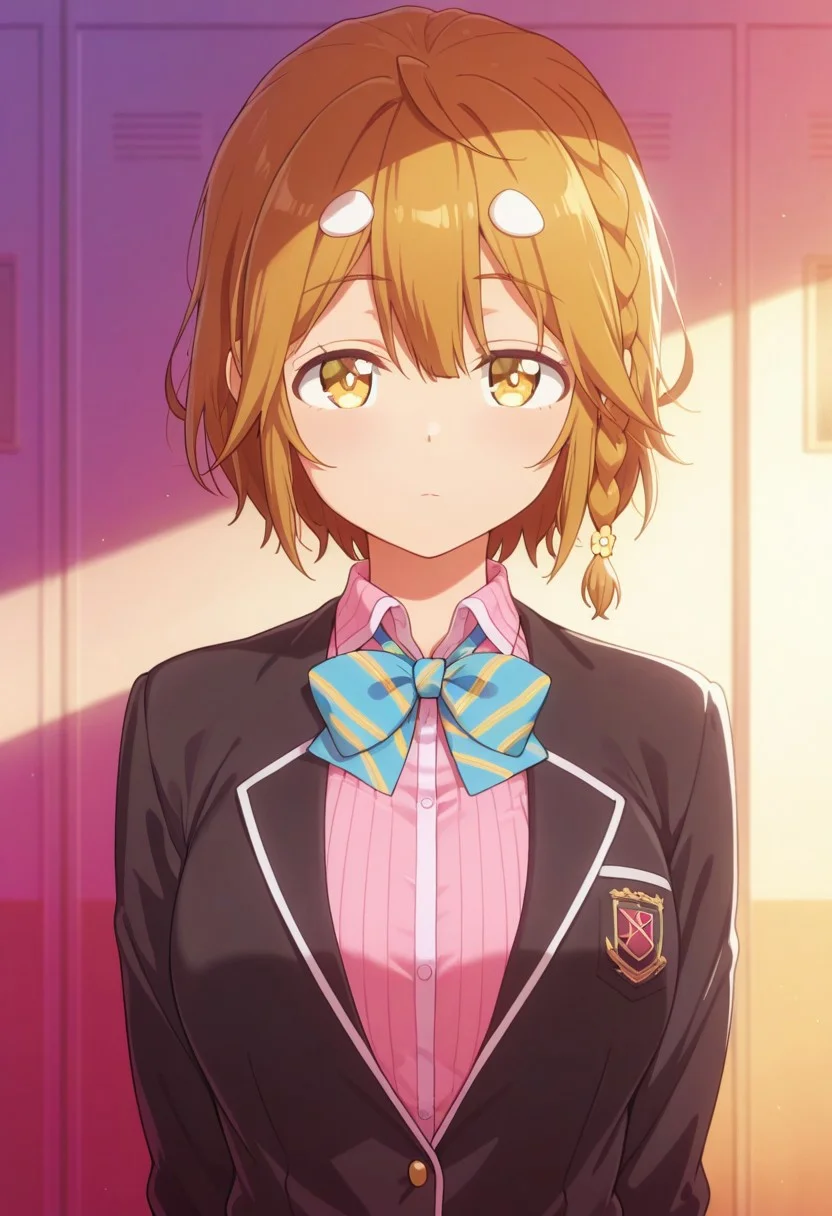 masterpiece,best quality,amazing quality, koiwai yoshino, short hair, braid, brown hair, 1girl, solo, shirt, jacket, yellow eyes, bow, school uniform, black jacket, looking at viewer, upper body, striped, pink shirt, bowtie