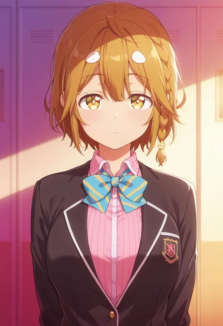 masterpiece,best quality,amazing quality, koiwai yoshino, short hair, braid, brown hair, 1girl, solo, shirt, jacket, yellow eyes, bow, school uniform, black jacket, looking at viewer, upper body, striped, pink shirt, bowtie
