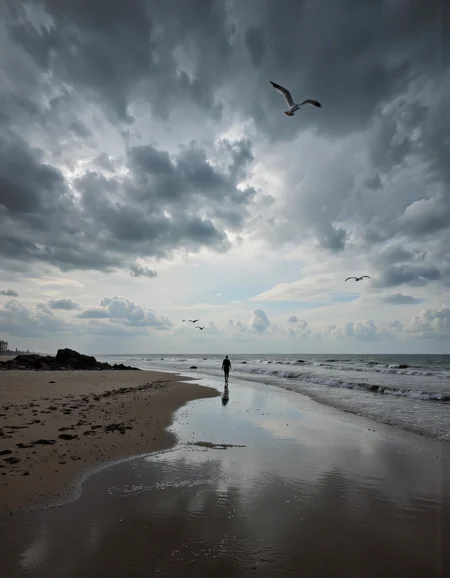 A serene scene featuring a lone person walking along a beach, with a seagull flying overhead. the sky is filled with dark, ominous clouds, and the water is calm and reflective, with small rocks scattered along the shoreline. the person is standing in the middle of the image, facing away from the viewer, with their back to the camera, creating a sense of solitude. the beach is empty, with no other objects or people in sight. the atmosphere is peaceful and contemplative, with the person taking in the vastness of the ocean and the serene landscape. <lora:Landscapes_II_epoch_8:0.9>
