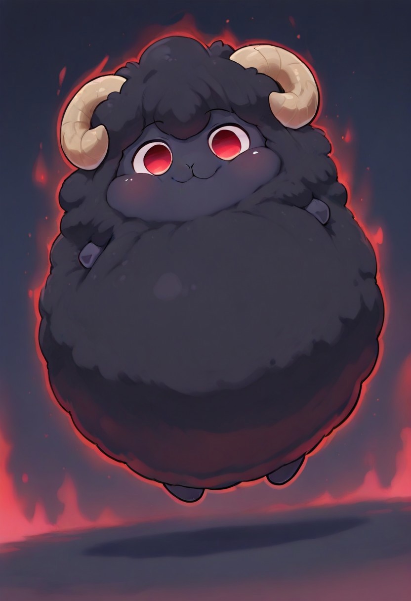 solo, chibi, cowboy shot, dutch angle, detailed eyes, detailed face, cute, feral, (spherical-inflation) sheep, villain, villainous aura, (animal:1.2), full body, cartoon, fluffy, (black wool:1.8), evil aura, red eyes, (evil smile:1.2), fluffy wool, fluffy, detailed wool, sheep horns, no human, smile, simple background, sheep focus,, light environment, soft shading, 8k, UHD, masterpiece, tail,