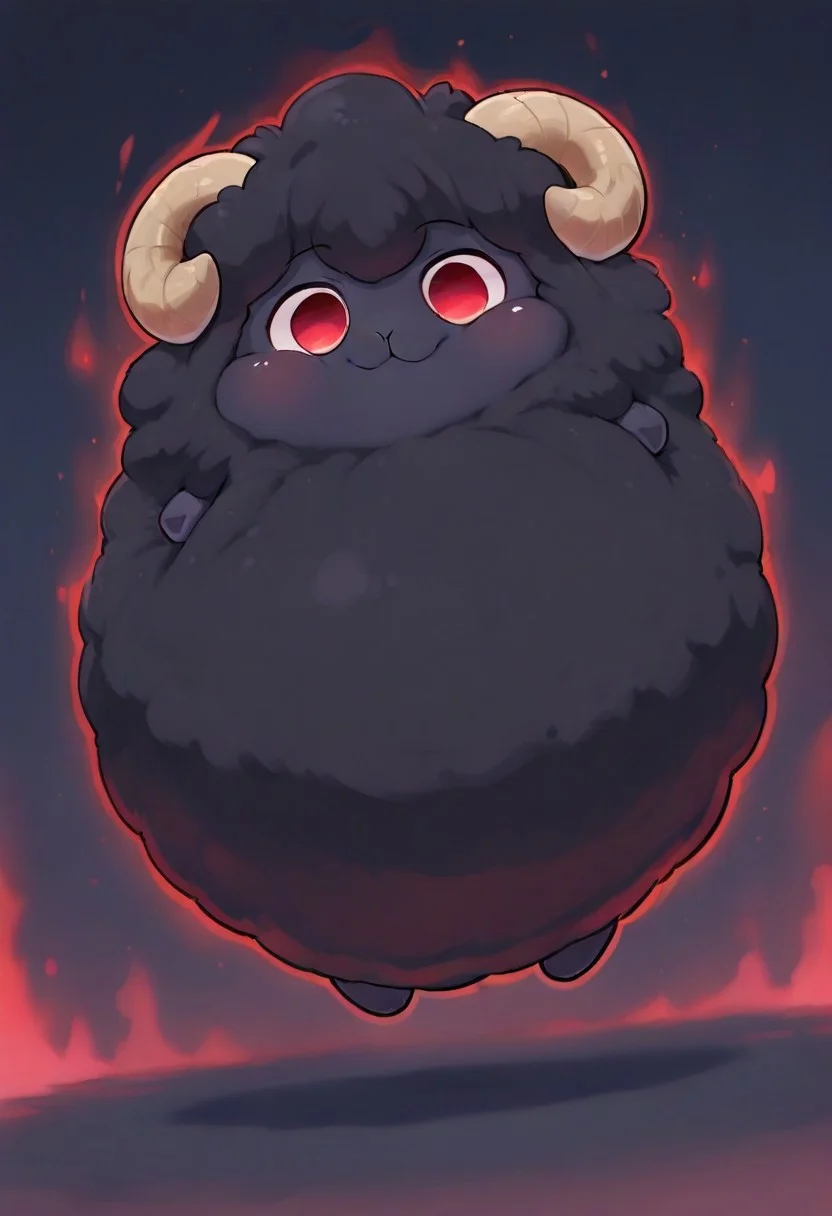 solo, chibi, cowboy shot, dutch angle, detailed eyes, detailed face, cute, feral, (spherical-inflation) sheep, villain, villainous aura, (animal:1.2), full body, cartoon, fluffy, (black wool:1.8), evil aura, red eyes, (evil smile:1.2), fluffy wool, fluffy, detailed wool, sheep horns, no human, smile, simple background, sheep focus,, light environment, soft shading, 8k, UHD, masterpiece, tail,