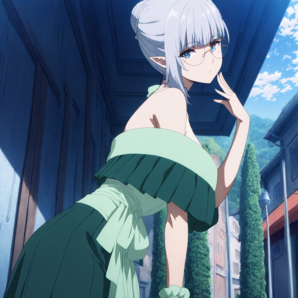 solo,cowboy_shot,looking at viewer,masterpiece,high score,great score,absurdres,anime coloring,hair bun,green dress,green skirt,bare shoulders,round eyewear,<lora:BetaV3 ag4o:1> betakage, pointy ears, grey hair, short hair, blue eyes, mole under eye,outdoors,