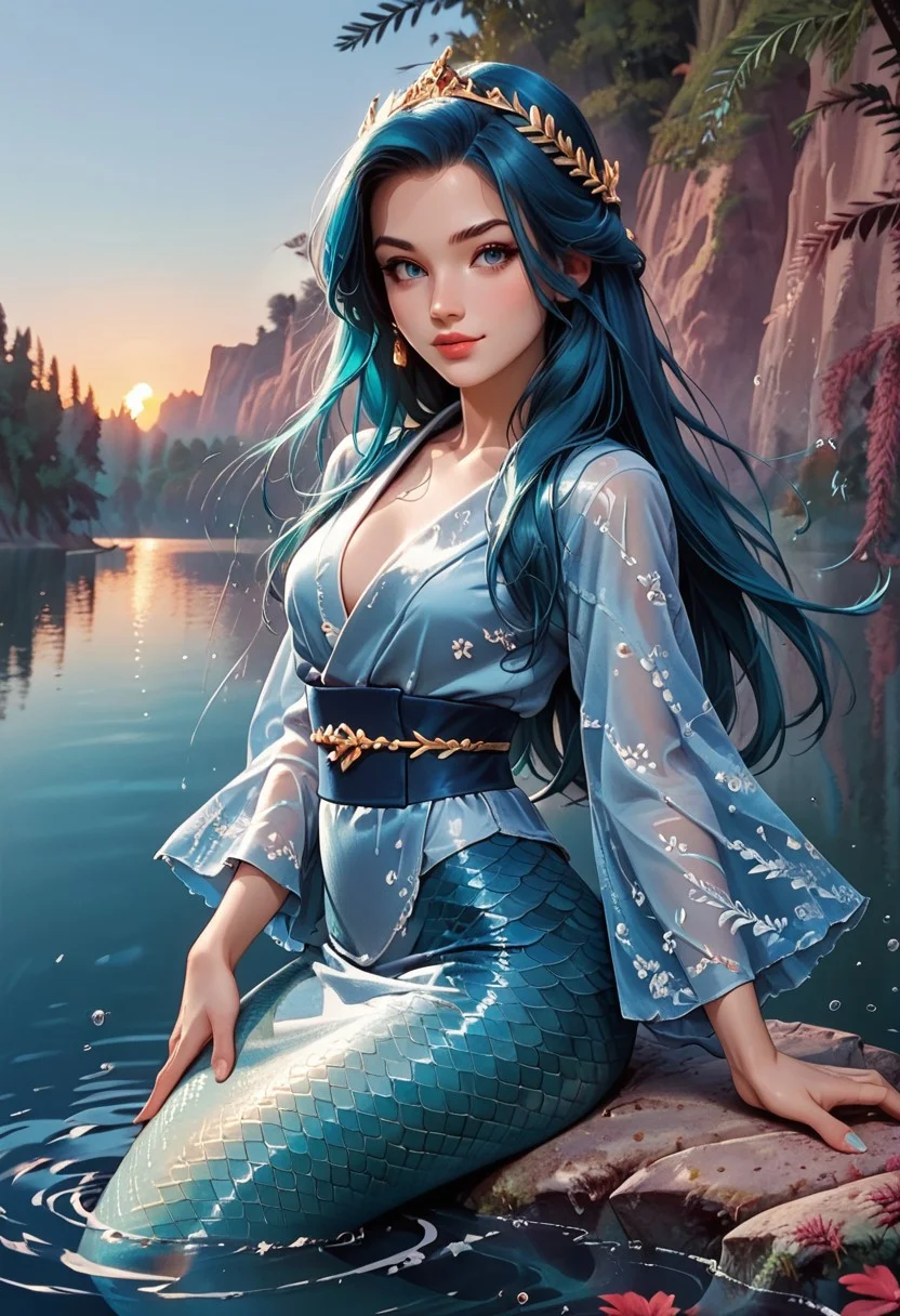 score_9, score_8_up, score_7_up, Cowboy Shot, girl, cute, seductive, innocent, light smile:0.3, plump lips, slender body, floating blue hair, long hair, water:0.7, waterdrop, wet, high detailed blue kimono texture, intricate pattern, ultra detailed, textured clothing, softlight passing through hair, sunset, lake background, 4n1v3rs3, depth of field, dynamic angle, fashion photography, sharp, hyperdetailed:1.15, ppm3r41ds, mermaid,