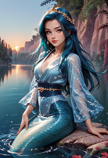 score_9, score_8_up, score_7_up, Cowboy Shot, girl, cute, seductive, innocent, light smile:0.3, plump lips, slender body, floating blue hair, long hair, water:0.7, waterdrop, wet, high detailed blue kimono texture, intricate pattern, ultra detailed, textured clothing, softlight passing through hair, sunset, lake background, 4n1v3rs3, depth of field, dynamic angle, fashion photography, sharp, hyperdetailed:1.15, ppm3r41ds, mermaid,