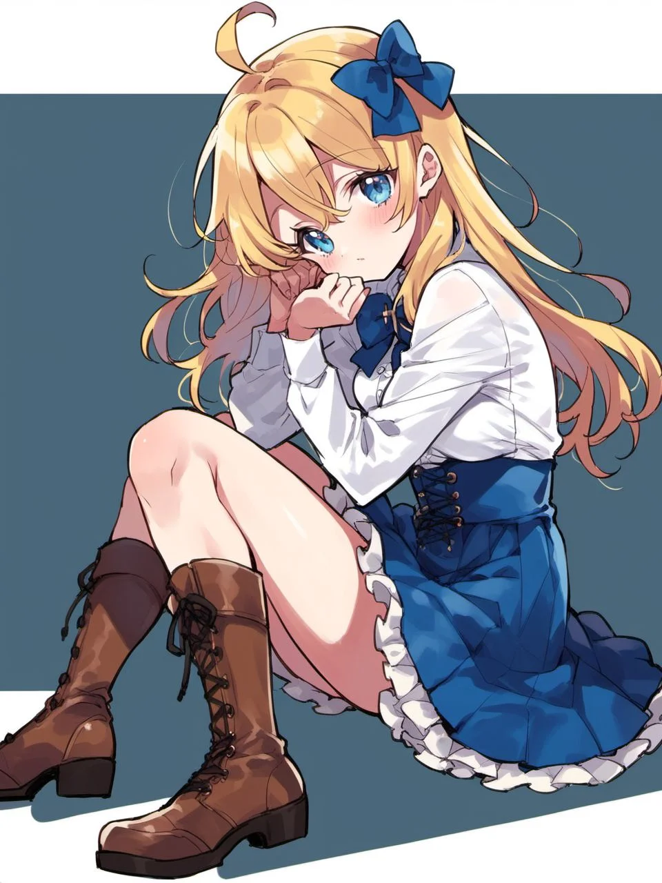 score_9, score_8_up, score_7_up, score_6_up,good hands, perfect hands,
yukiwostyle, 1girl, solo, long hair, looking at viewer, blush, bangs, blue eyes, skirt, blonde hair, shirt, long sleeves, white background, bow, sitting, white shirt, ahoge, hair bow, boots, frills, blue skirt, blue bow, brown footwear, frilled skirt, cross-laced footwear, lace-up boots,
<lora:yukiwo_style_v1:0.8>,