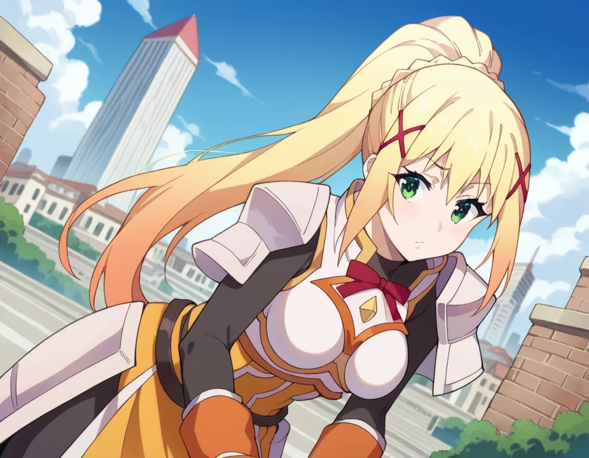 score_9, score_8_up, score_7_up, source_anime,
lalatinadustinessford, <lora:lalatina-dustiness-ford-s2-ponyxl-lora-nochekaiser:1>,
darkness \(konosuba\), long hair, green eyes, blonde hair, hair ornament, ponytail, braid, x hair ornament,
gloves, armor, bodysuit, shoulder armor, armored dress,
outdoors, cityscape, bent over,
looking at viewer, dutch angle, cowboy shot,