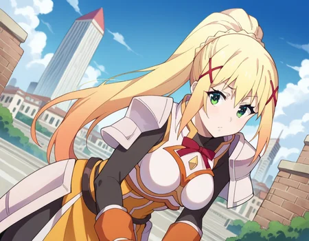 score_9, score_8_up, score_7_up, source_anime,
lalatinadustinessford, <lora:lalatina-dustiness-ford-s2-ponyxl-lora-nochekaiser:1>,
darkness \(konosuba\), long hair, green eyes, blonde hair, hair ornament, ponytail, braid, x hair ornament,
gloves, armor, bodysuit, shoulder armor, armored dress,
outdoors, cityscape, bent over,
looking at viewer, dutch angle, cowboy shot,