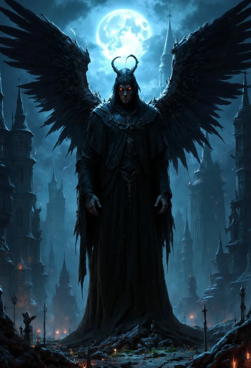 A hauntingly beautiful dark fantasy scene featuring the Angel of Shadows. The fallen angel stands tall in the moonlit desolation, cloaked in a shadowy, almost impenetrable darkness. Glowing, eerie eyes pierce the night, revealing the malevolence within. The angel's twisted, skeletal wings stretch out, adorned with razor-sharp feathers that catch the faint moonlight. Looming behind the figure are ominous, towering structures, casting a foreboding silhouette. Symbols of forbidden knowledge and dark magic are scattered throughout the environment, adding to the sinister atmosphere., cinematic, dark fantasy