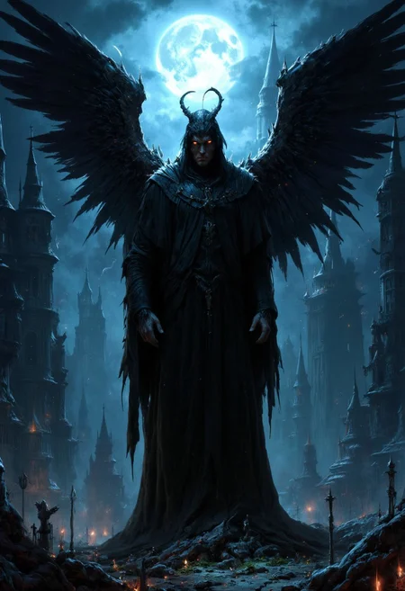 A hauntingly beautiful dark fantasy scene featuring the Angel of Shadows. The fallen angel stands tall in the moonlit desolation, cloaked in a shadowy, almost impenetrable darkness. Glowing, eerie eyes pierce the night, revealing the malevolence within. The angel's twisted, skeletal wings stretch out, adorned with razor-sharp feathers that catch the faint moonlight. Looming behind the figure are ominous, towering structures, casting a foreboding silhouette. Symbols of forbidden knowledge and dark magic are scattered throughout the environment, adding to the sinister atmosphere., cinematic, dark fantasy