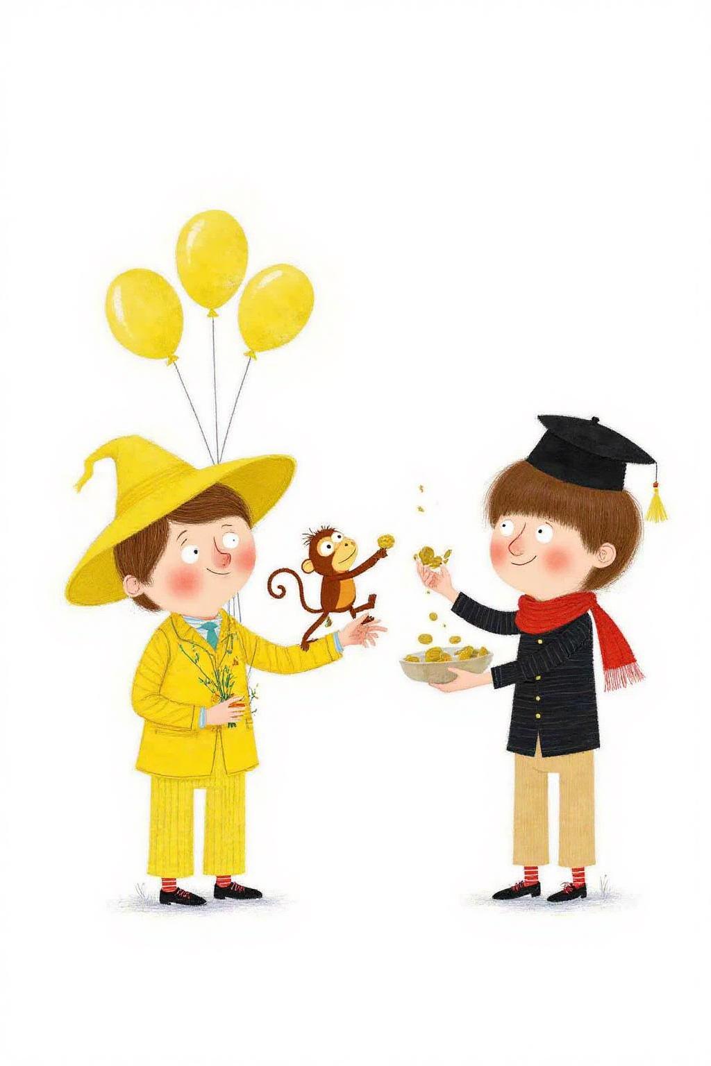 macha1 illustration. 
On the left, a man dressed in a bright yellow outfit with a large, wide-brimmed yellow hat is holding a bouquet of balloons in the same bright yellow color. He is smiling and handing a small, playful monkey perched on his shoulder a balloon. The man is giving some coins to another man on the right. The man on the right is wearing a black shirt and red scarfs. He is holding his black hat above his head.  <lora:macha1_cap_d6a3e12:1.0><lora:827724800488156157:0>