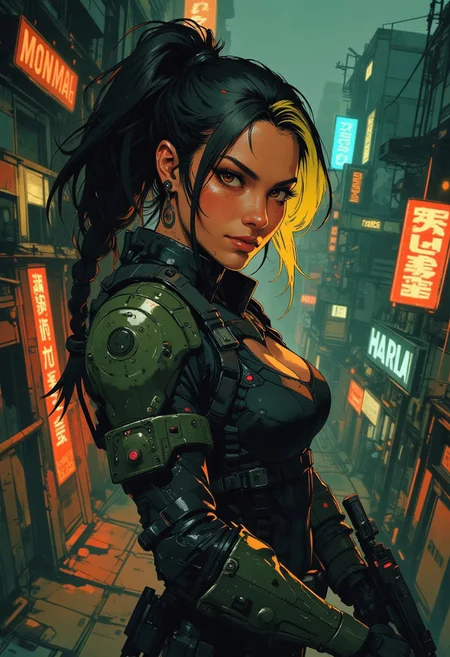 magnificent, closeup portrait, female bounty hunter, braided black hair, two tone hair, blonde highlights in hair, futuristic armor, sci-fi, sleek armored bodysuit, shoulder plates, hip plates, sexy, curvy, large breasts, large ass, rifle, aiming rifle, pointing rifle, Cyberpunk City, Neon Lights, foreshortening,
looking at viewer, solo, smirk, cocky smirk, godrays, raytracing,
Cowboy Shot, close up, from above,