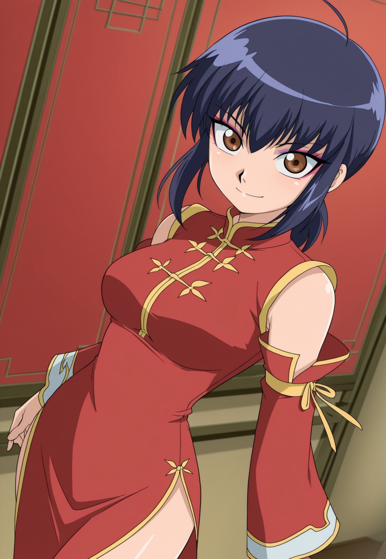 masterpiece, best quality, amazing quality, amazing quality,very aesthetic,absurdres,best quality,newest,masterpiece, breasts, anime screencap, anime artstyle,  happy, breasts, anime screencap, anime coloring,safe_pos, safe_pos, score_9, score_8_up, score_7_up,dynamic angle, looking at viewer,  bakugan, chan lee, brown eyes, black hair, blue hair, low ponytail, ahoge, short hair,eyeshadow, chinese clothes, detached sleeves, dress,