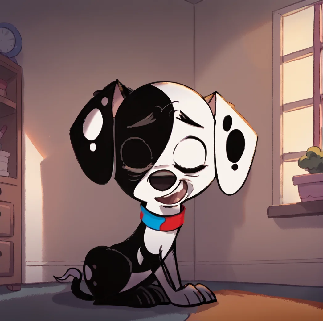 score_9, score_8_up, score_7_up, score_6_up, score_5_up, score_4_up, <lora:deepak101dalmatianstreet2:1>, black and white fur, high resolution, deepakdog, solo, dog, animal, body fur, multicolored fur, multicolored collar, dog ears, indoors, smiling, open mouth, happy expression, <lora:Smooth Anime Style LoRA XL:1>