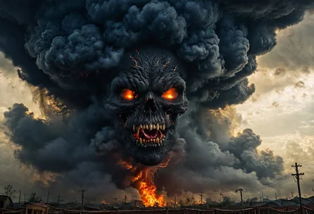 According to the rules, in such cases, it was supposed to become a black impenetrable cloud, fill the entire space with itself, catch up with DEVIL SPAWN horror and look at him with an ominous luminous look from nowhere and from everywhere, which Bomchi immediately did. Feeling of fear, feeling of horror,rich colors, ultra clear image, more realistic, high resolution photos, 8K HD wallpapershigh quality, intricate details, ultra detailed, ,depth of field, 8k resolution trending on Artstation Unreal Engine 5, Epic,detailed background, <lora:xl_more_art-full_v1:1.2> <lora:JuggerCineXL2:0.8> , Cinematic, <lora:EnvyActionShotXL01:0.8> action shot