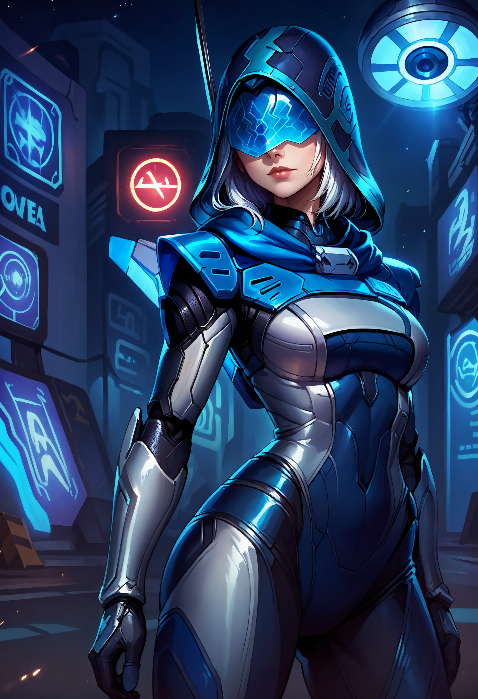 score_9, score_8_up, score_7_up, (masterpiece, best quality), 
1girl, solo, project ashe,  mechanical wings,
bodysuit, skin tight, power armor, gauntlets, gloves, shoulder armor, 
hood up, blue-tinted mask, covered eyes,
looking at viewer, standing, futuristic, blue cyber, blue neon trim, blue neon lights, night, close-up, closed mouth