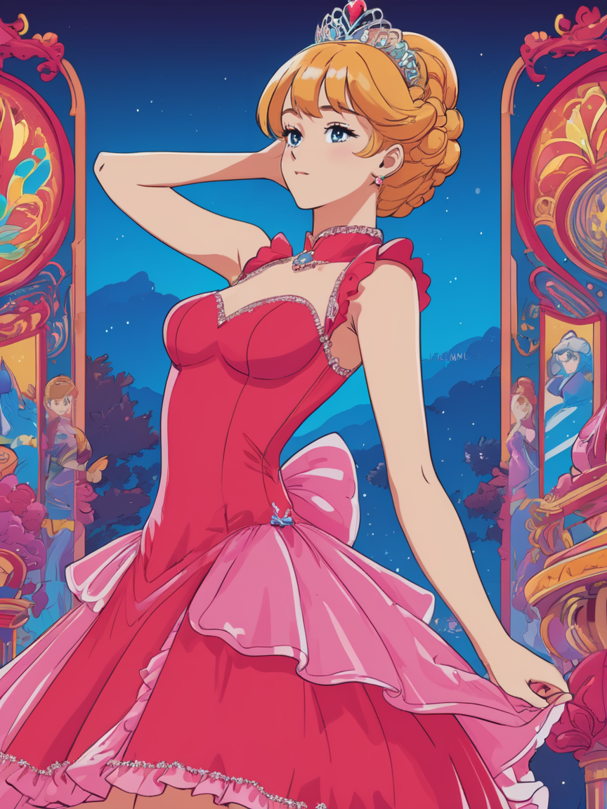 Pop Art style anime screencap, beautiful young woman wearing a Neon Red princess dress, <lora:xl_princess_dress-2.0:0.8>, Theatre, Stretching,  . Bright colors, bold outlines, popular culture themes, ironic or kitsch