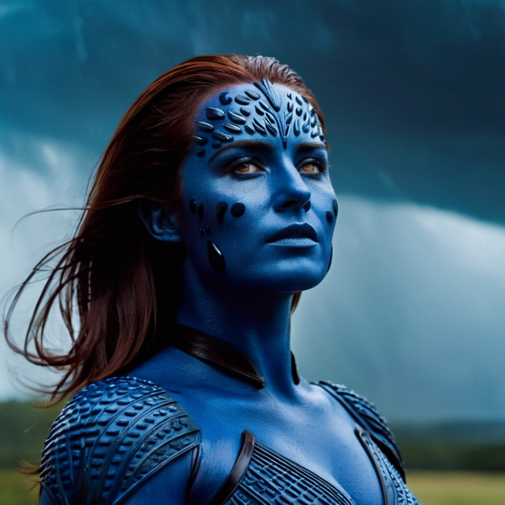 cinematic film still of  <lora:Mystique X-Men:1>
Mystique X-Men a woman posing in a stormy thunder lightning weather, shallow depth of field, vignette, highly detailed, high budget, bokeh, cinemascope, moody, epic, gorgeous, film grain, grainy