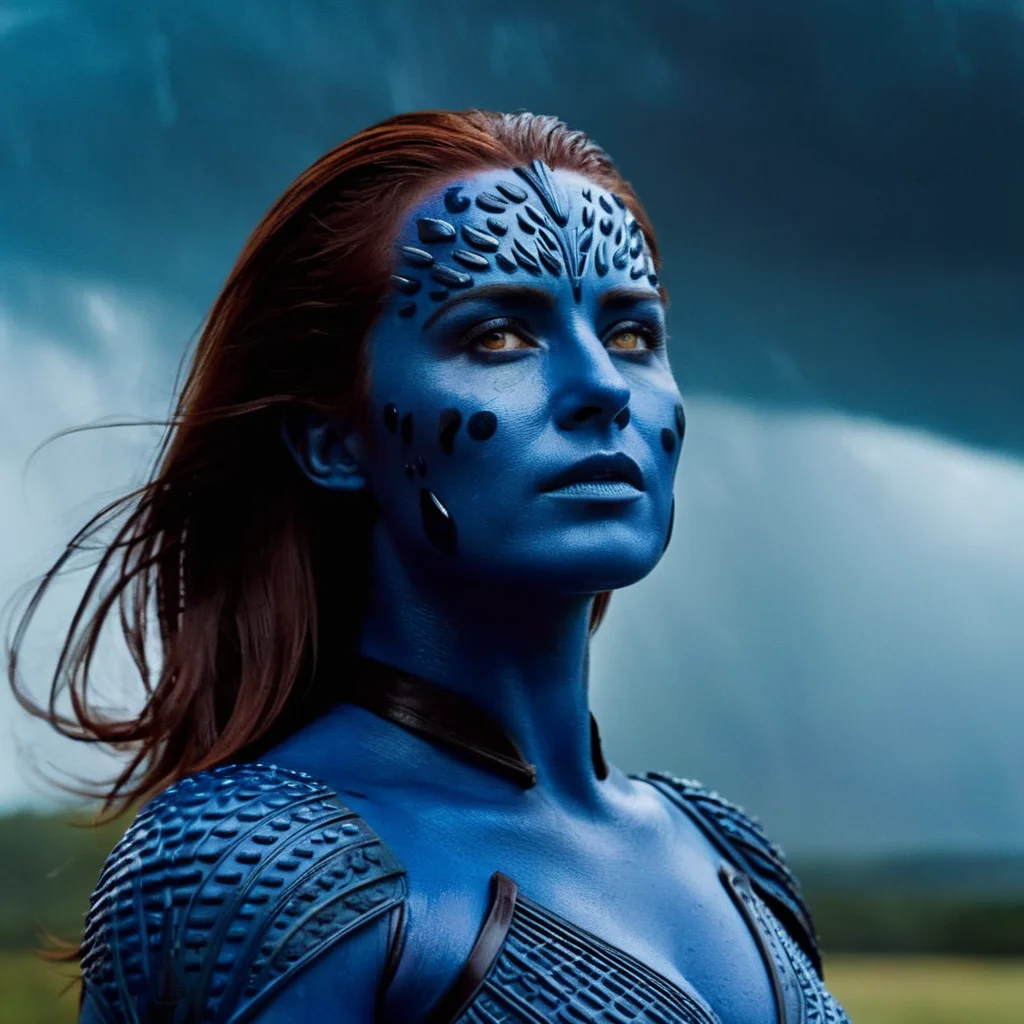 cinematic film still of  <lora:Mystique X-Men:1>
Mystique X-Men a woman posing in a stormy thunder lightning weather, shallow depth of field, vignette, highly detailed, high budget, bokeh, cinemascope, moody, epic, gorgeous, film grain, grainy