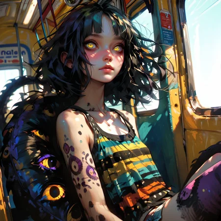 <lora:cr33pp41ntXLP:1> cr33pp41nt score_9, score_8_up, score_7_up, OverallDetail, beautiful monster girl, ((solo)), spotted pattern on body, perfect eyes, detailed hair, shining yellow eyes, striped tank top, bus interior, purple body color, close up, long black tail, black hair, sitting, reclining, extremely detailed, zPDXL2, flip 180