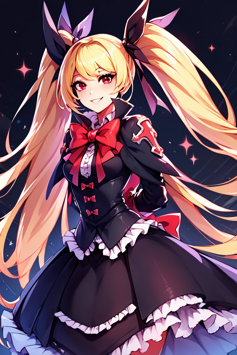score_9, score_8_up, score_8, medium breasts, (curvy), cute, eyelashes,       ,,, , ,,,  zzRachel, long hair, blonde hair, red eyes, twintails, very long hair, bow, ribbon, hair ribbon, red bow, black dress, frills, <lora:RachelAlucard_PDXL:1.0>, hands behind back, leaning forward,  ,,,, BREAK, smile, looking at viewer, ,,, abstract background, white outline, cowboy shot, ,,, embedding:zPDXL, Expressiveh, ,,, <lora:CatalystStylePDXL:0.6>, <lora:SDXLFaeTastic2400:0.5>, <lora:Expressive_H-000001:0.4>,