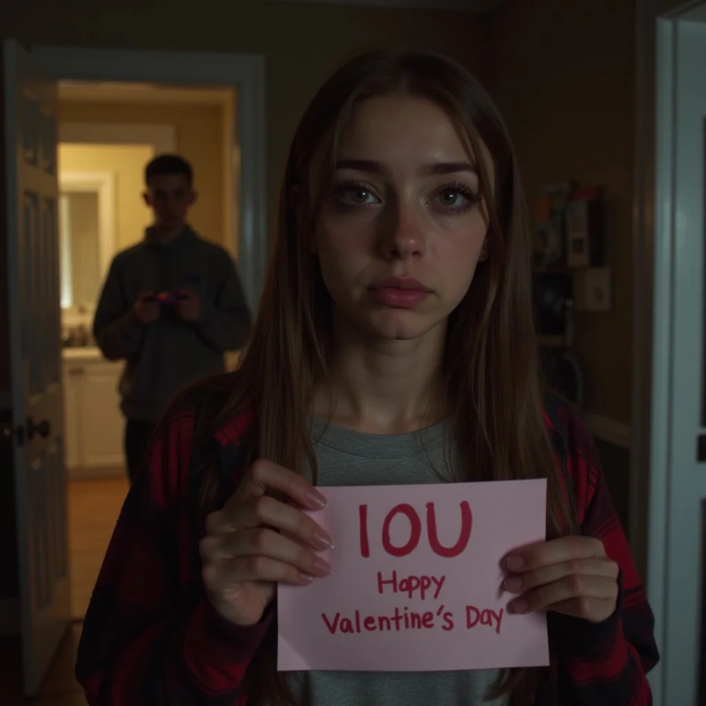 A young woman stands in the foreground, her eyes brimming with sadness and holding an "IOU" card meant for Valentine's Day. Her expression is a mixture of heartbreak and longing. In the background, through the doorway, her boyfriend is absorbed in his PlayStation game, oblivious to her feelings. The room is dimly lit, emphasizing the emotional distance between them