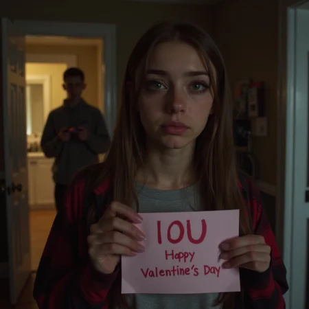 A young woman stands in the foreground, her eyes brimming with sadness and holding an "IOU" card meant for Valentine's Day. Her expression is a mixture of heartbreak and longing. In the background, through the doorway, her boyfriend is absorbed in his PlayStation game, oblivious to her feelings. The room is dimly lit, emphasizing the emotional distance between them