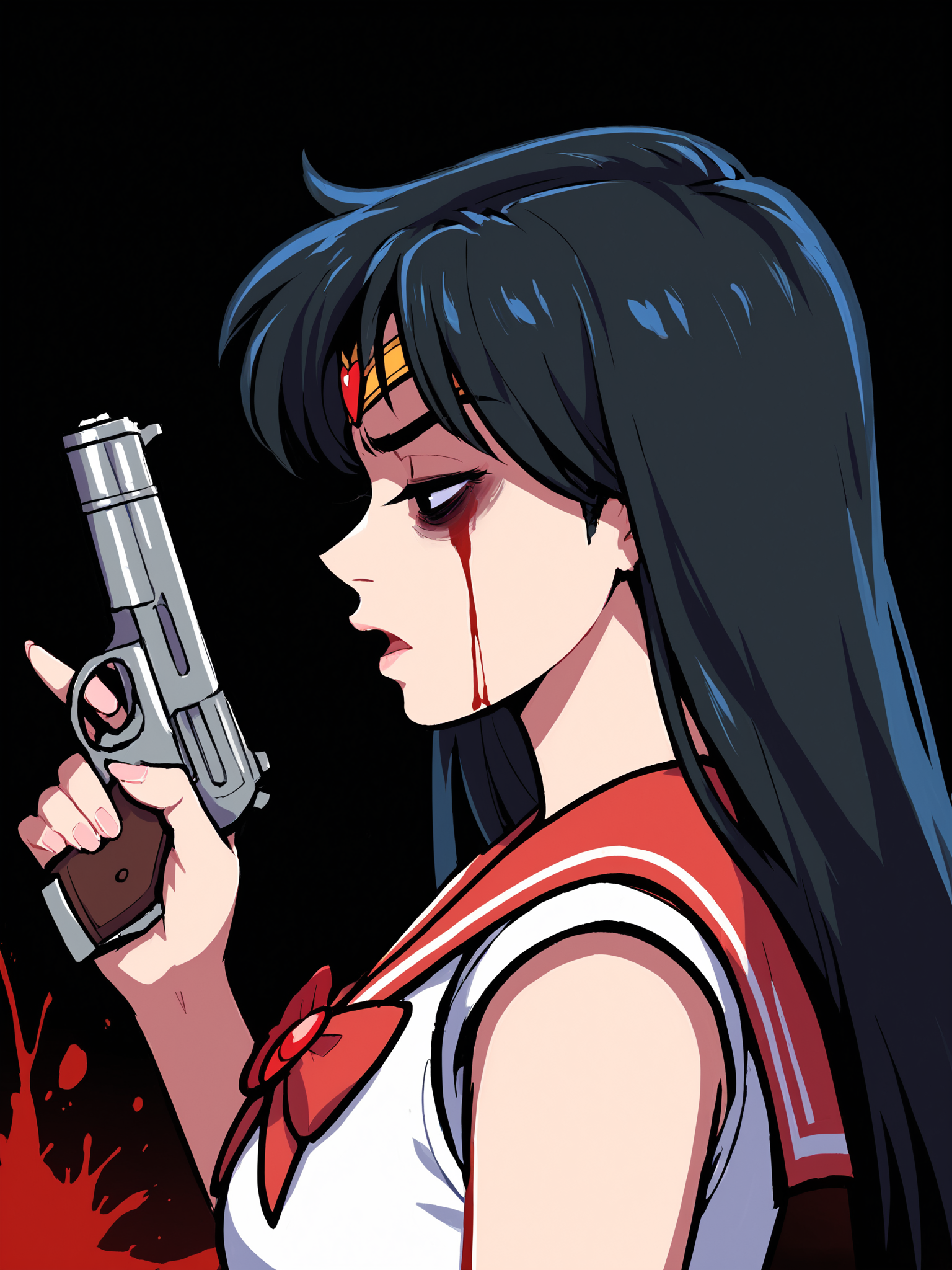 score_9, score_8_up, score_7_up, score_6_up, score_5_up, score_4_up, rating_safe
BREAK
sailor mars, circlet, black hair, black eyes, looking away, tired, half-closed eyes, bags under eyes, sigh, open mouth, looking down, blood on face, blood splatter,
BREAK
solo, portrait, magical girl, red serafuku, from side, (holding gun, handgun:1.2), blood on weapon,
BREAK
black background, <lora:Lunas-AkaiRiot-SDXL-A1:1>