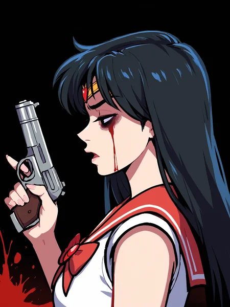 score_9, score_8_up, score_7_up, score_6_up, score_5_up, score_4_up, rating_safe
BREAK
sailor mars, circlet, black hair, black eyes, looking away, tired, half-closed eyes, bags under eyes, sigh, open mouth, looking down, blood on face, blood splatter,
BREAK
solo, portrait, magical girl, red serafuku, from side, (holding gun, handgun:1.2), blood on weapon,
BREAK
black background, <lora:Lunas-AkaiRiot-SDXL-A1:1>