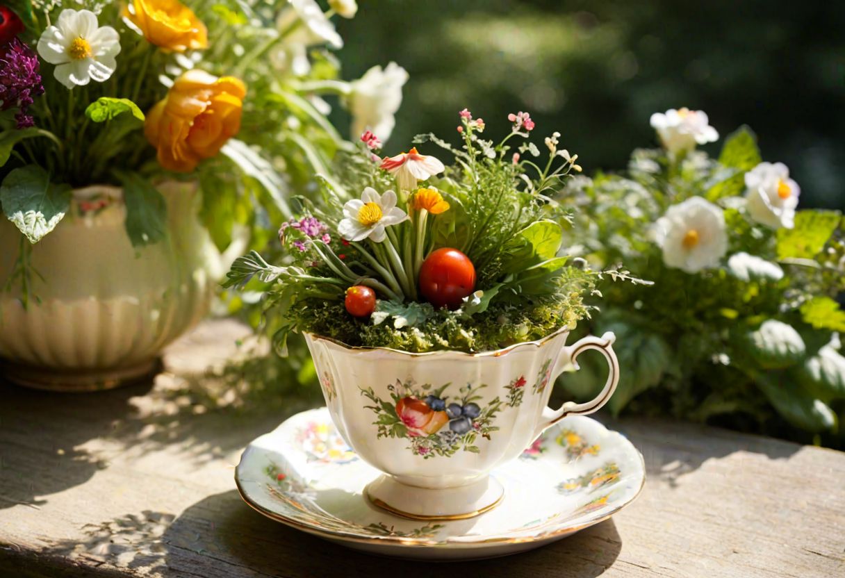 Anthropomorphic vegetables, finely dressed, vintage attire, delicate china, floral teacups, miniature cakes, overgrown flowers, dappled sunlight, whimsical garden, lush greenery, vibrant colors, golden accents