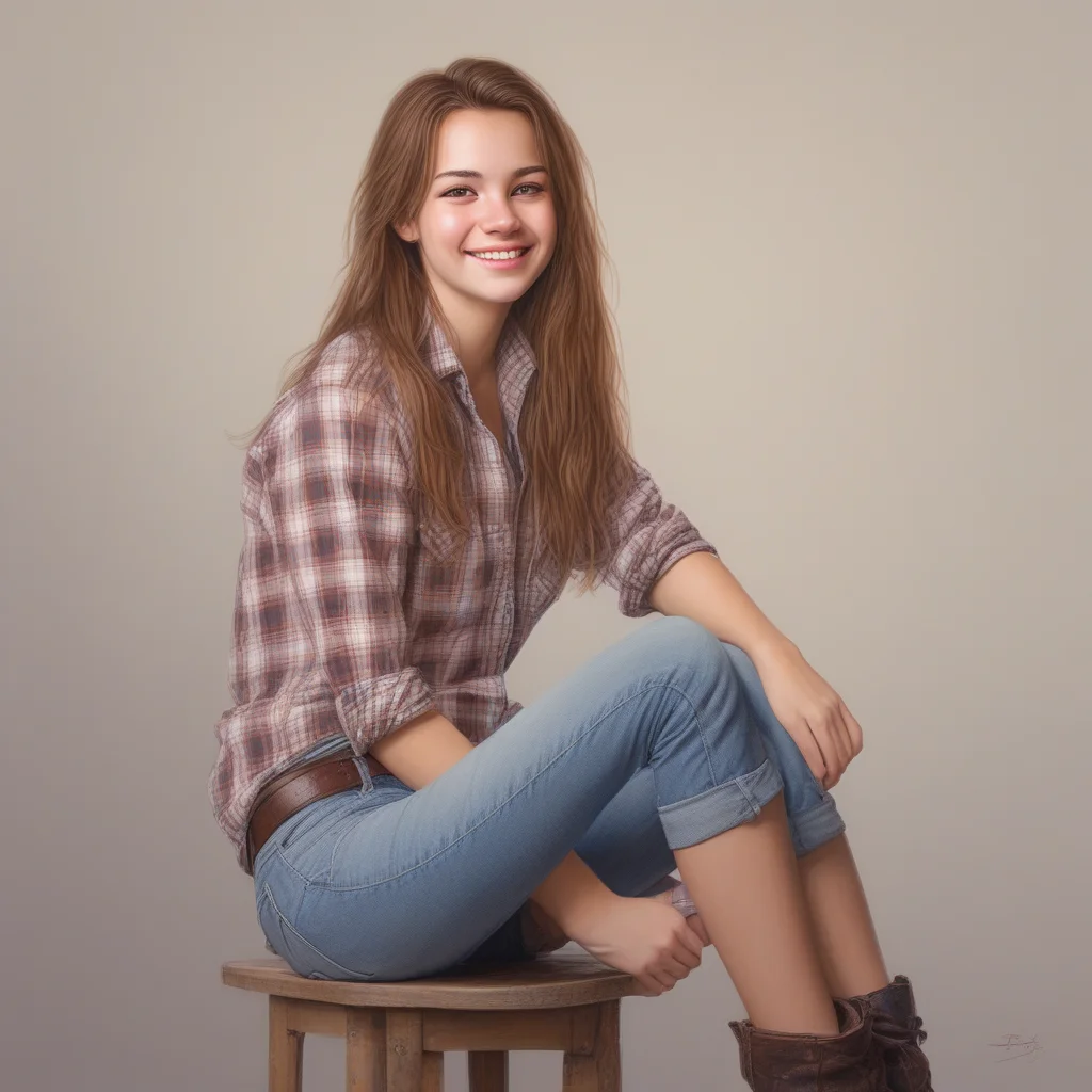 profile, simple background, sitting, shirt, smile, denim shorts, shorts, plaid, 1girl, realistic, looking at viewer, white shirt, plaid shirt, upper body, denim, brown hair, petra
