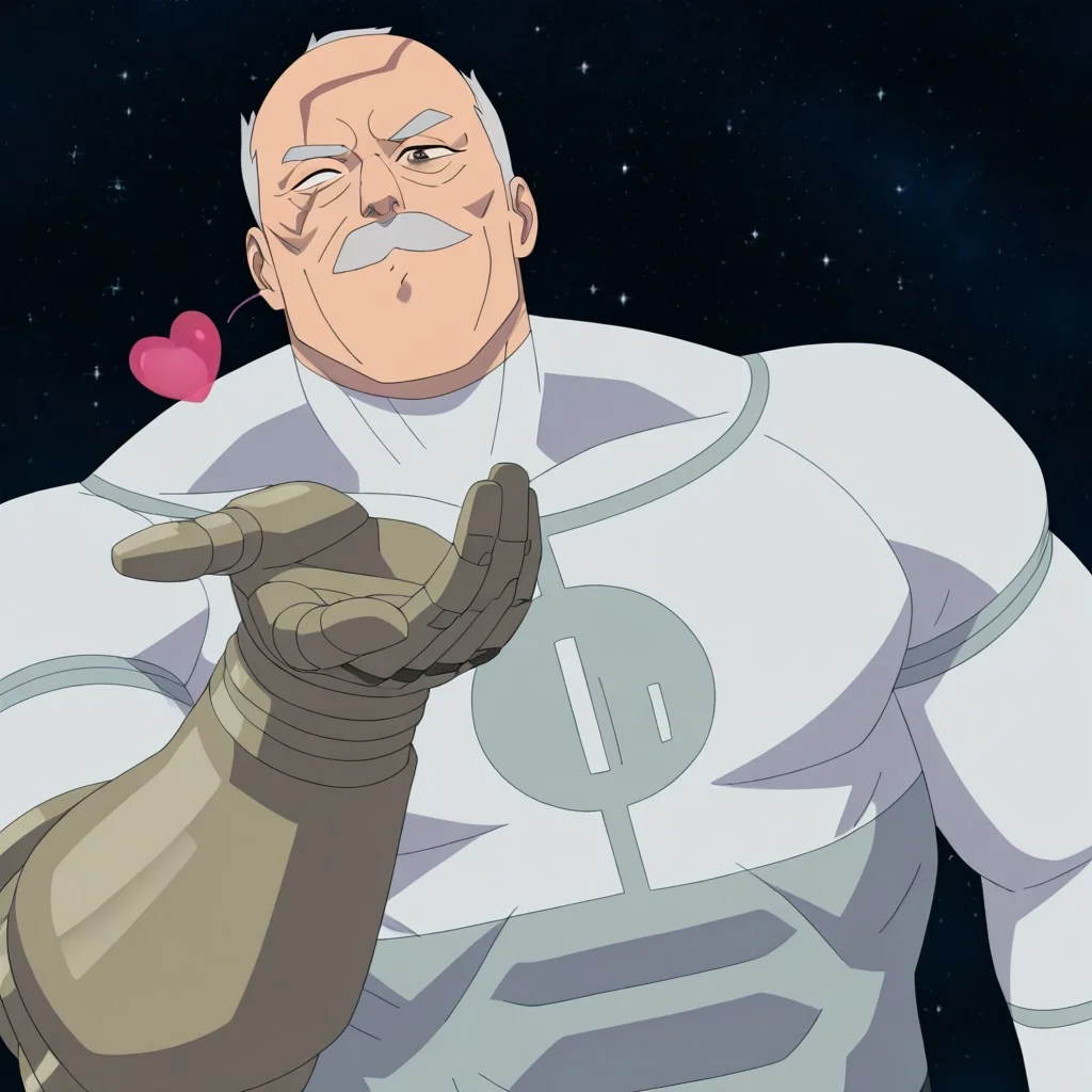masterpiece, best quality, newest, absurdres, highres, Invincible-show-style-INVPACK.V1.0, 1boy, Conquest-ISV-V1.0 old man, white hair, mustache, facial hair, scar, blind eye, single mechanical arm, heart, blowing kiss, space, night, stars, brown eye, detailed eye, blowing kiss, heart, puckered lips, o3o