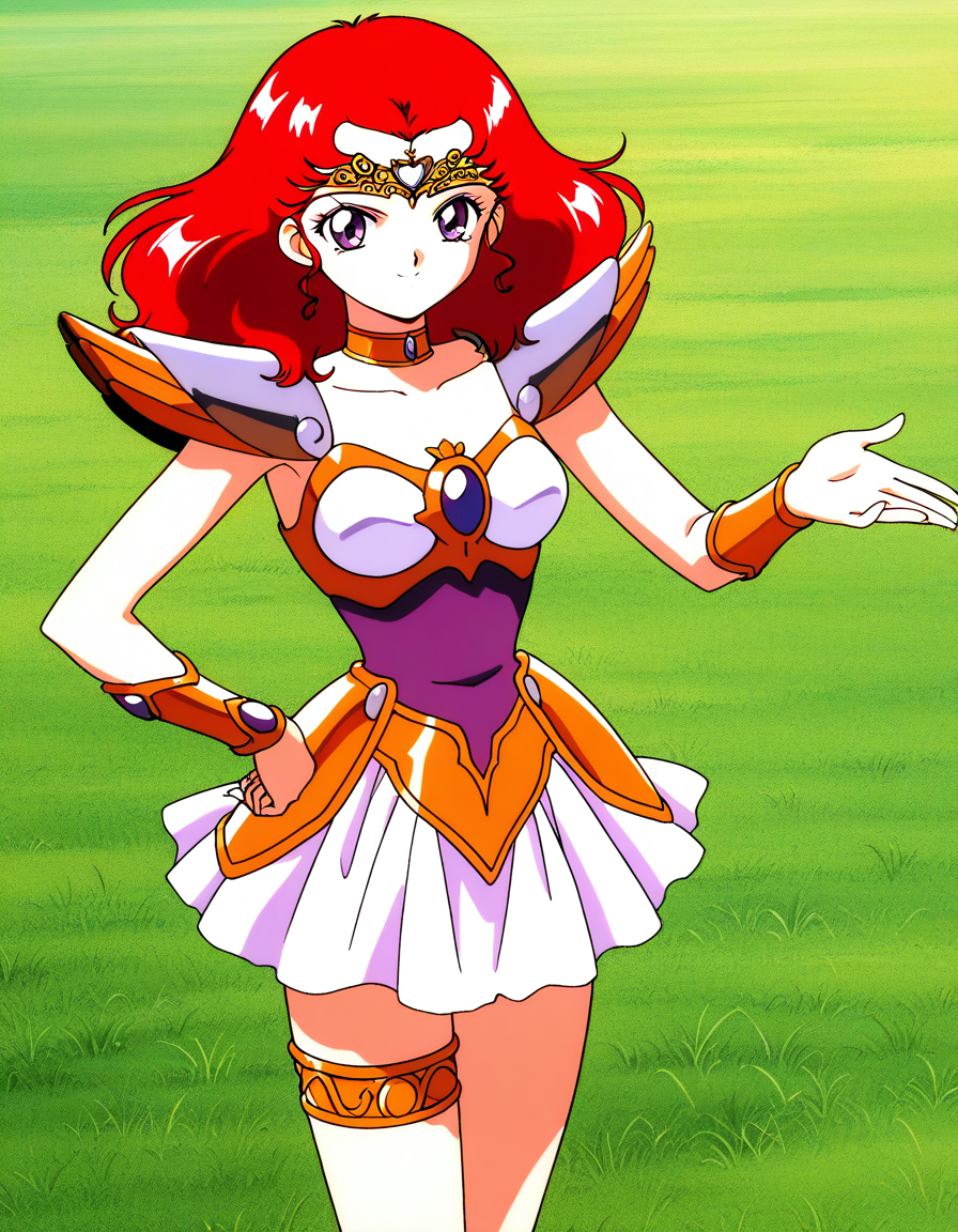 general,highres, ultra-detailed,very aesthetic,best quality ,best hands,  BREAK <lora:Scarlett_ohara_IS:1> Scarlett_ohara, 1girl,solo, red hair, long hair, purple eyes, breasts, 1990s (style), anime coloring, 
 choker, armor, 1990s (style), skirt, hand on hip, smile, tiara, jewelry, magical girl, thighlet, white skirt, miniskirt, thigh strap, armored dress, bracer, shoulder armor, blue eyes, looking at viewer, short hair, pauldrons, cowboy shot,
day, say,  grass,