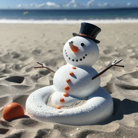 midjourneylora, snowman, sunbathing, beach