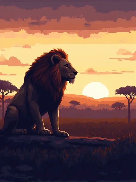 A pixel art illustration a majestic lion in the African preserve at sunset.<lora:General Flux\pixel-art-rooms.safetensors:0.9:1.0>