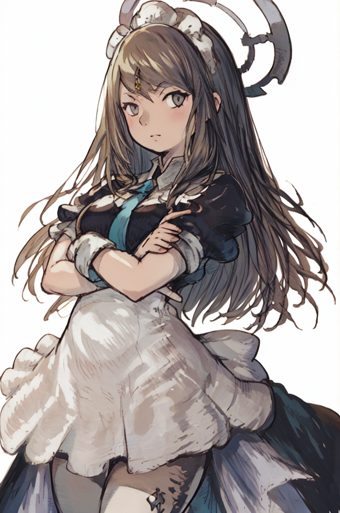 (Yoshida_Akihiko_PonyXL_style_v02.10.01), solo, 1girl, pink halo, Karin_(Blue_Archive), maid uniform, halo, holing skirt, blue tie, white gloves, white pantyhose, crossed arms, golden eyes, golden eyes, bright eyes, yellow eyes, glow eyes, maid headress, white background, (Bravely Default Style), yoshida akihiko, <lora:pony\char\game\ba\Kakudate_Karin_Pony-10.safetensors>, <lora:pony\style\Yoshida_Akihiko_PonyXL_style_v02.10.01.safetensors>, <lora:styles\yoshida_akihiko_offset.safetensors>, <lora:styles\BravelyDefault.safetensors>, <checkpoint:[Pony] duchaitenPonyXLNo_v35.safetensors>, <checkpoint:[SD15] tfmCutesyAnime2_genesis.safetensors>