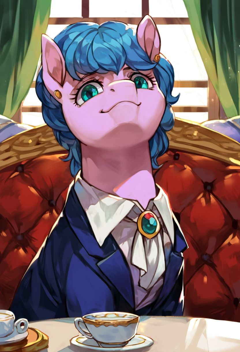 score_9, score_8_up, score_7_up, source_anime,
, (best quality) , (highly detailed) ,masterpiece ,absurdres ,detailed face ,beautiful face ,
<lora:pony_xl_Hildegard:0.8>,Hildegard,score_9,score_8_up,1girl,female,kawaii,solo,short hair,earrings,suit,white collared shirt,ascot,brooch,upper_body,looking_at_viewer,smile,closed mouth,sitting,couch,table,window_,curtains,stretching your spine,cup,teacup,saucer,parody,
OverallDetail