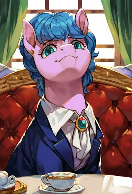 score_9, score_8_up, score_7_up, source_anime,
, (best quality) , (highly detailed) ,masterpiece ,absurdres ,detailed face ,beautiful face ,
<lora:pony_xl_Hildegard:0.8>,Hildegard,score_9,score_8_up,1girl,female,kawaii,solo,short hair,earrings,suit,white collared shirt,ascot,brooch,upper_body,looking_at_viewer,smile,closed mouth,sitting,couch,table,window_,curtains,stretching your spine,cup,teacup,saucer,parody,
OverallDetail