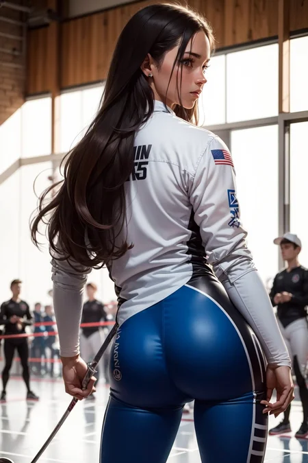 one woman long hair, fencer2 <lora:Fencer:0.45>, facing opponent,