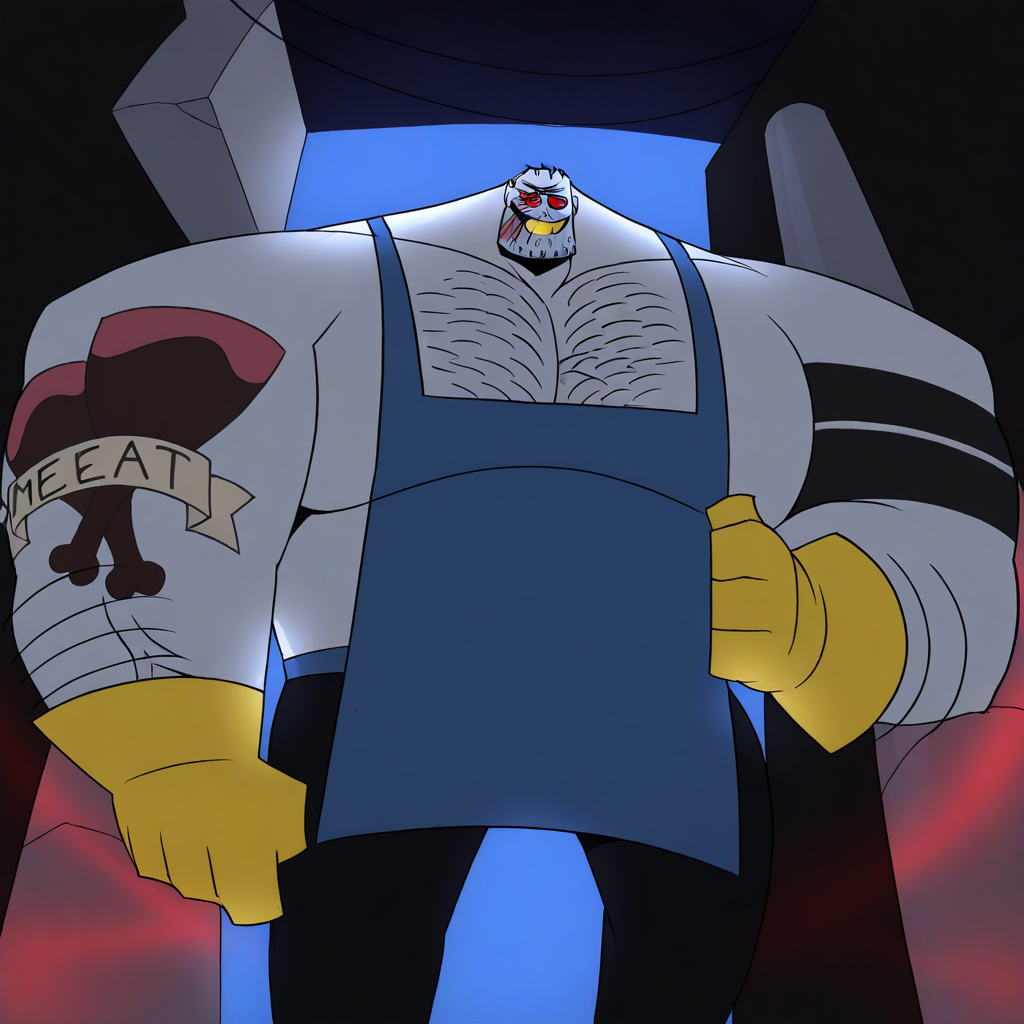score_9, score_8_up, score_8, BREAK absurdres, 4k, 8k, masterpiece, Greg, muscular male, 1boy, solo, large muscles, apron, red eyes, scars, tattoos, facial hair, chest hair, gloves, pants, massive pectorals, looking down, looming over viewer, teeth, smiling, grin, dynamic angle, dynamic pose
