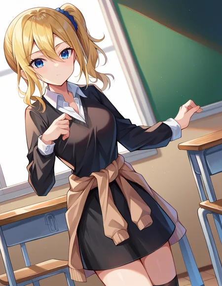 score_9, score_8_up, score_7_up, source_anime,
aihayasaka, <lora:ai-hayasaka-ponyxl-lora-nochekaiser:1>,
ai hayasaka, bangs, blue eyes, blonde hair, hair ornament, hair between eyes, sidelocks, side ponytail, scrunchie, hair scrunchie, blue scrunchie,
shirt, long sleeves, school uniform, shoes, socks, sweater, cardigan, black socks, clothes around waist, shuuchiin academy school uniform, sweater around waist, cardigan around waist,
indoors, classroom,
looking at viewer, cowboy shot, dutch angle,
