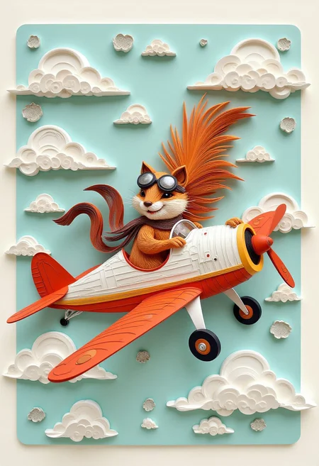 paper quilling, layered paper, artwork of a squirrel flying a vintage airplane through a cloudy sky, with goggles and a scarf, capturing the adventurous and playful spirit of flight.