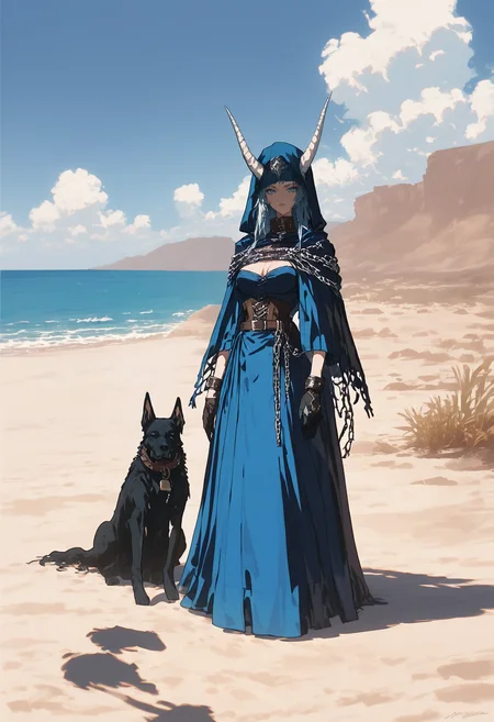 score_9, score_8_up, score_7_up, score_6_up, score_5_up, score_4_up,
<lora:NeonFantasyPonyXL:1> ne0nfant4sy,
1girl, solo, long hair, breasts, looking at viewer, blue eyes, skirt, gloves, dress, cleavage, jewelry, standing, full body, outdoors, horns, sky, black gloves, day, belt, cloud, hood, armor, collar, bracelet, blue sky, capelet, blue dress, shadow, bird, ocean, animal, chain, beach, cloak, hood up, corset, spikes, dog, long dress, sand, arms at sides, horizon, hooded capelet, desert,